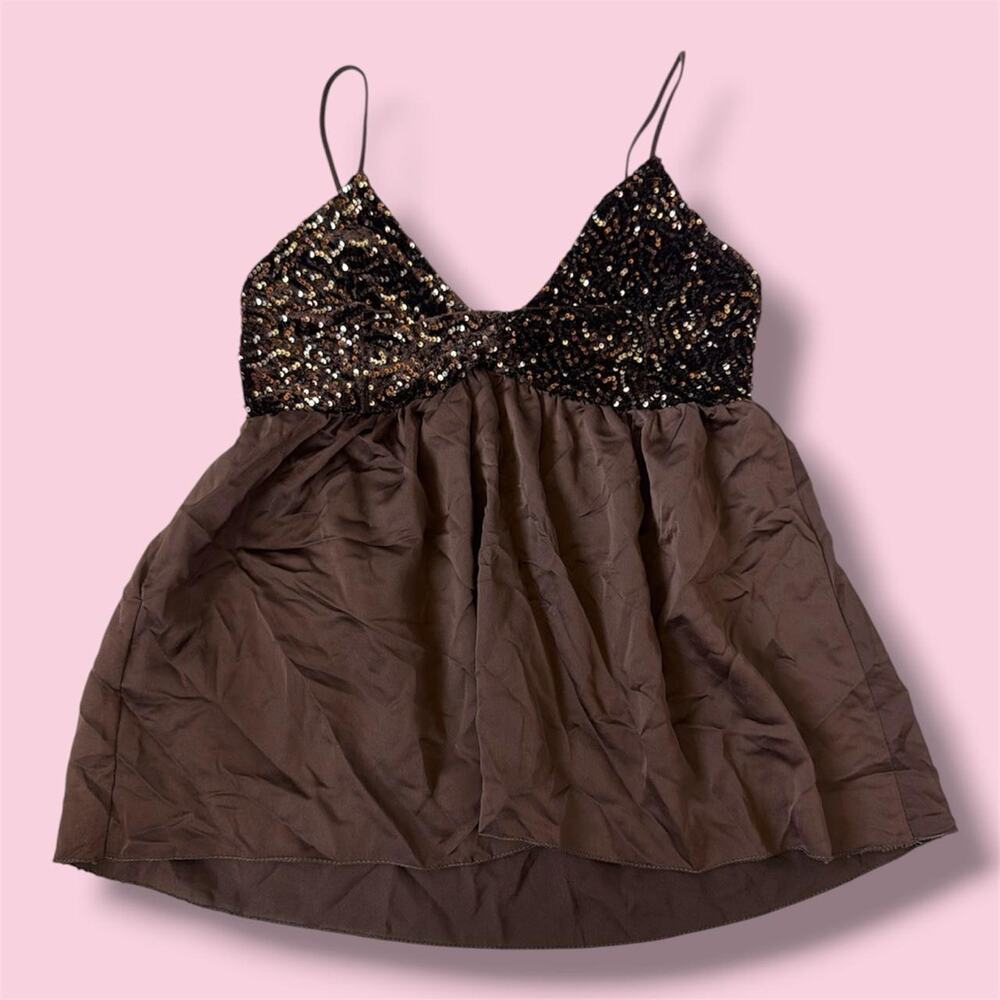 Italian Brown sequin babydoll cami top with gold sequins on the bust, size S